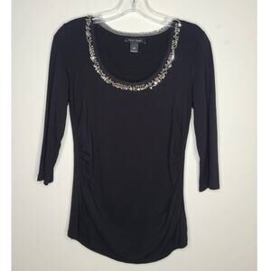 White House Black Market WHBM bead fringe neck 3/4 sleeve side ruched shirt - XS